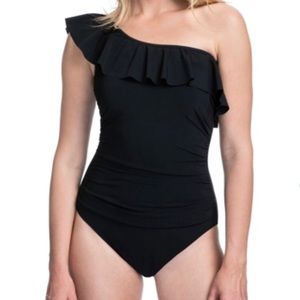 Gottex Profile Black Tutti Frutti off the shoulder one piece SIZE 14